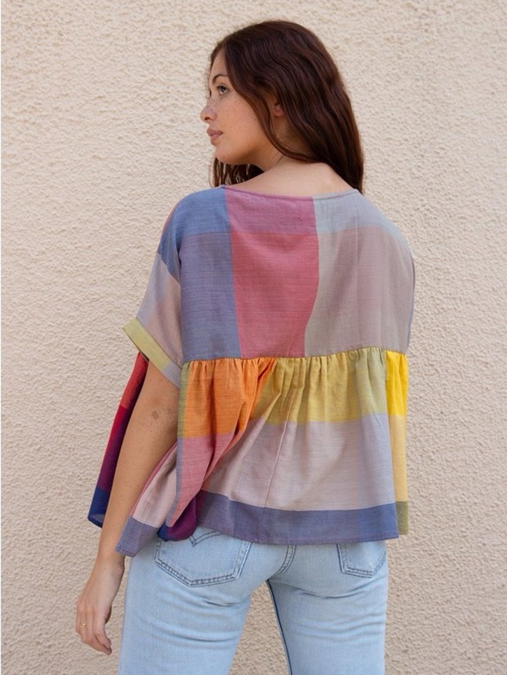 Rujuta Sheth Marni Plaid Swing Top - Multi-Color Short-Sleeve Women’s Top - Picture 3 of 6